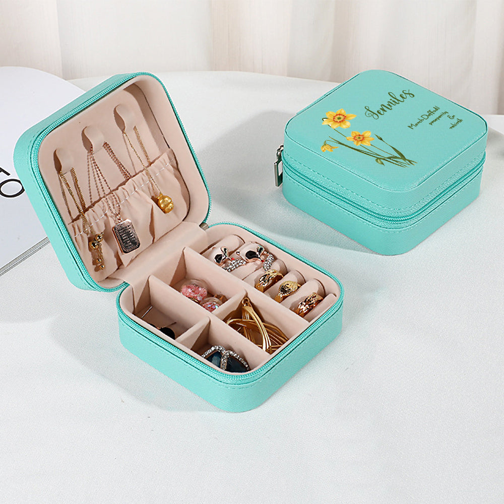 Personalized Birth Flower PU Leather Jewelry Box Bridesmaid Gift for Her