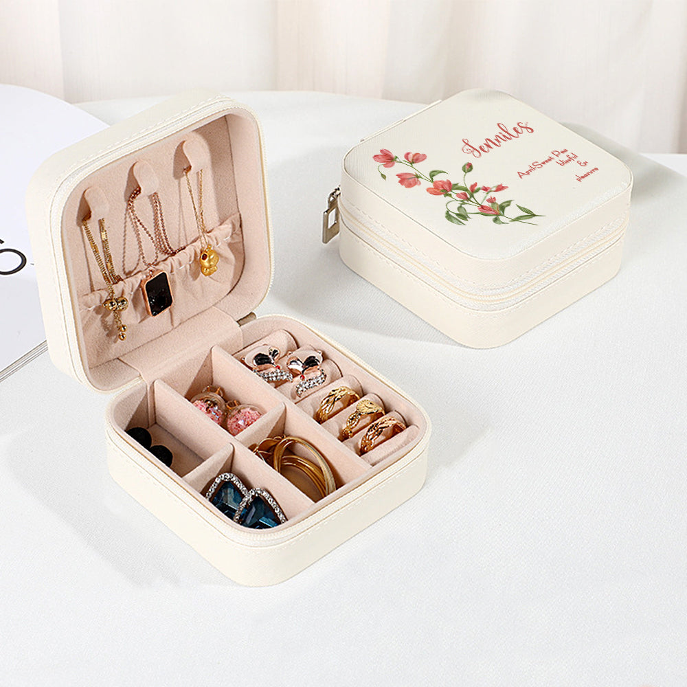 Personalized Birth Flower PU Leather Jewelry Box Bridesmaid Gift for Her