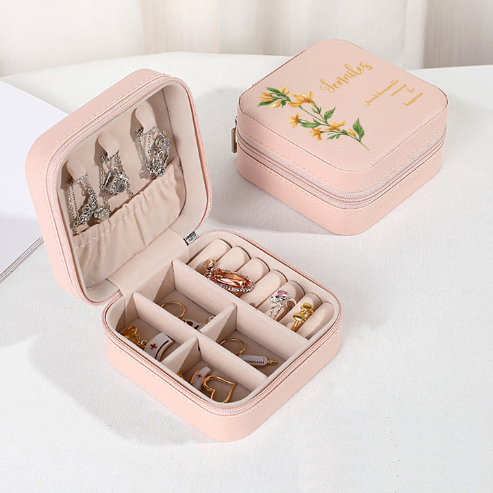 Personalized Birth Flower PU Leather Jewelry Box Bridesmaid Gift for Her