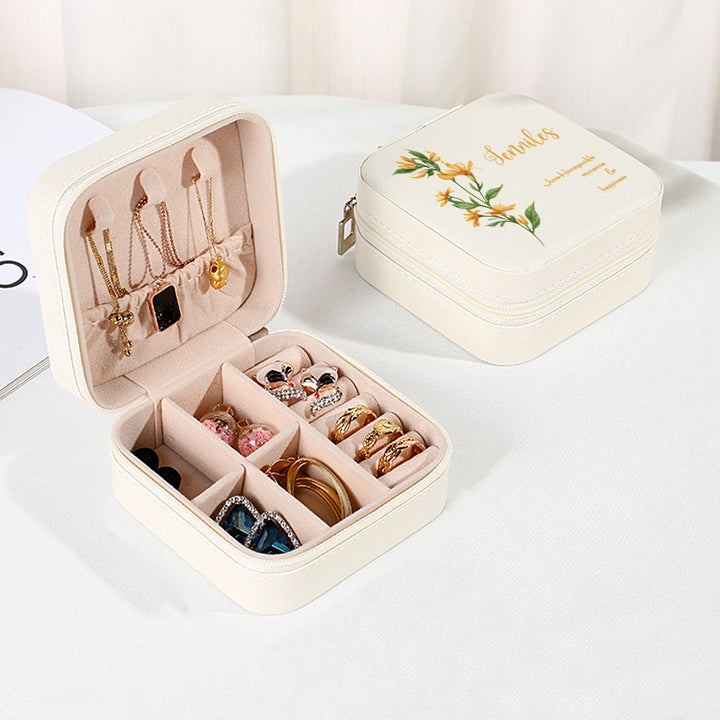 Personalized Birth Flower PU Leather Jewelry Box Bridesmaid Gift for Her
