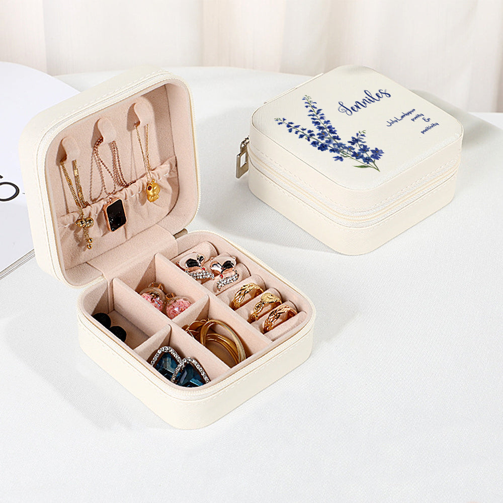 Personalized Birth Flower PU Leather Jewelry Box Bridesmaid Gift for Her