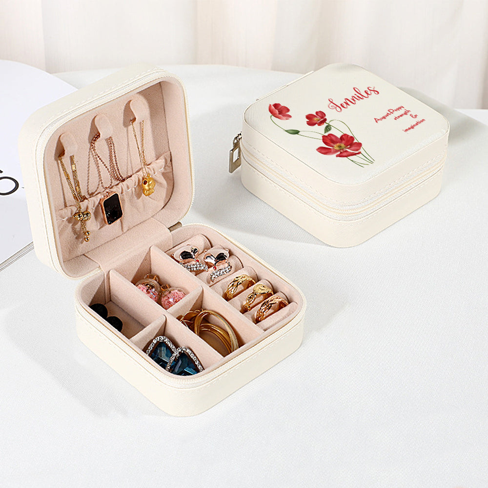 Personalized Birth Flower PU Leather Jewelry Box Bridesmaid Gift for Her