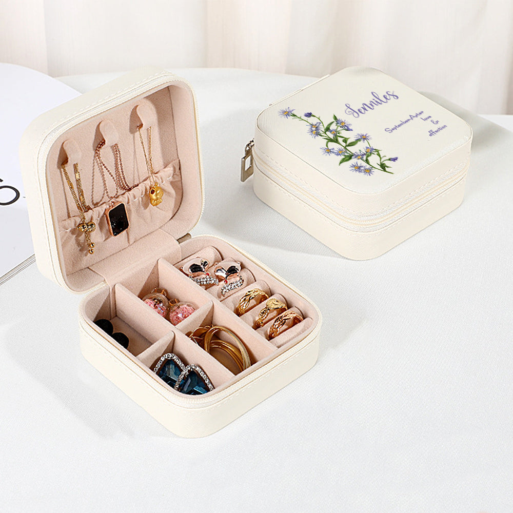 Personalized Birth Flower PU Leather Jewelry Box Bridesmaid Gift for Her