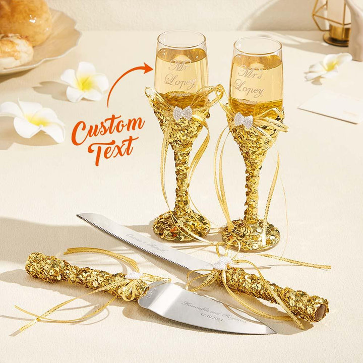 Personalized Champagne Flutes and Cake Server Set for Bride and Groom Wedding Gift