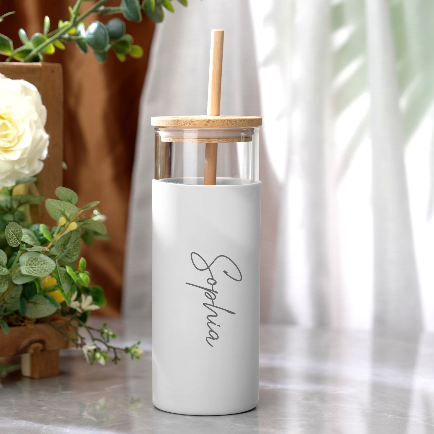 Personalized Name 17oz Glass Tumbler Coffee Tumbler with Engraved Wood Lid Silicone Case and Straw Birthday Gift