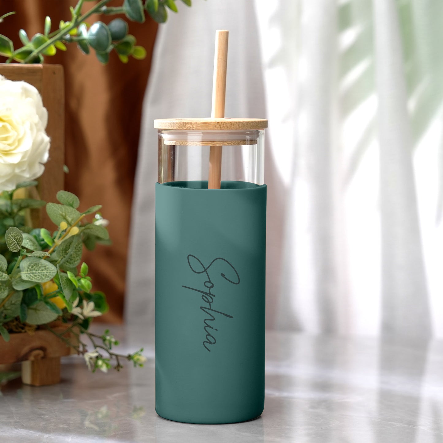 Personalized Name 17oz Glass Tumbler Coffee Tumbler with Engraved Wood Lid Silicone Case and Straw Birthday Gift