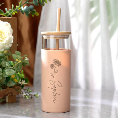 Personalized Name 17oz Glass Tumbler Coffee Tumbler with Engraved Wood Lid Silicone Case and Straw Birthday Gift