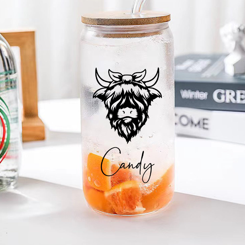 Personalized Highland Cow Tumbler with Name Clear Can Glass Gift for Highland Cow Lovers