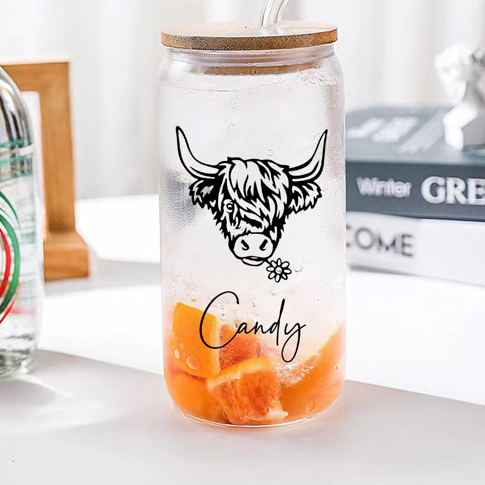 Personalized Highland Cow Tumbler with Name Clear Can Glass Gift for Highland Cow Lovers