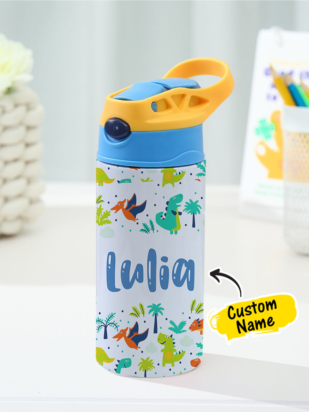 Personalized Name Cartoon Dinosaur Stainless Steel Tumbler – 350ML Insulated Cup with Custom Design