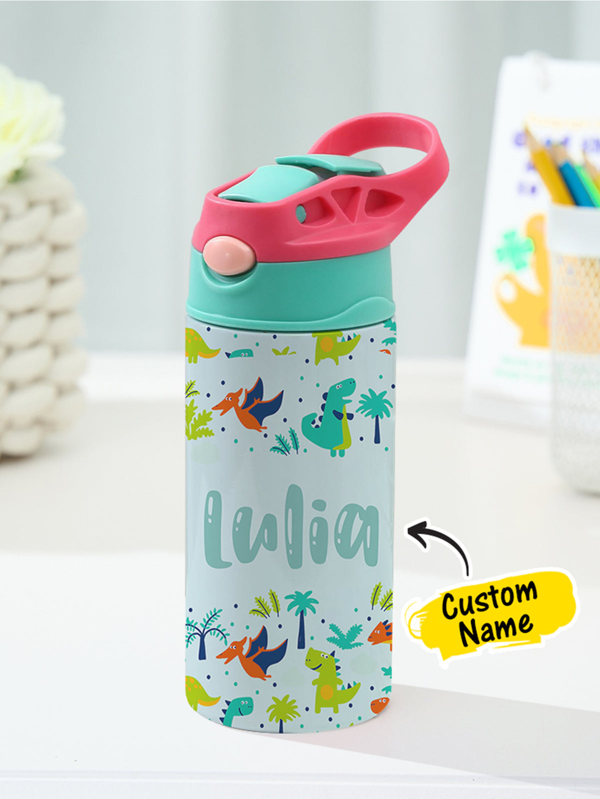 Personalized Name Cartoon Dinosaur Stainless Steel Tumbler – 350ML Insulated Cup with Custom Design