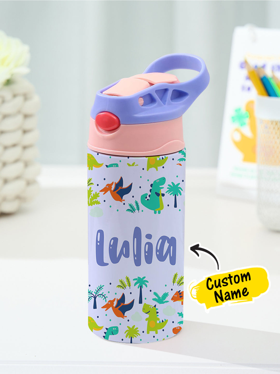 Personalized Name Cartoon Dinosaur Stainless Steel Tumbler – 350ML Insulated Cup with Custom Design