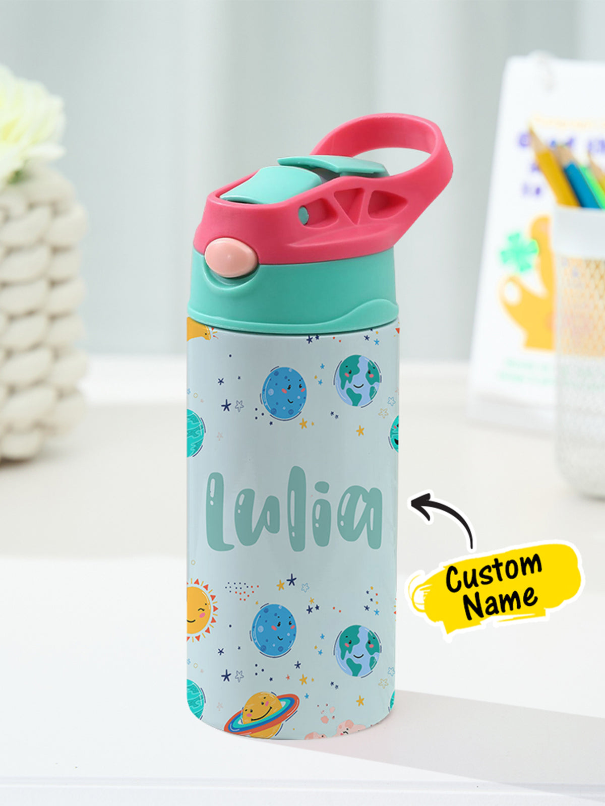 Personalized Name Cartoon Planets Stainless Steel Tumbler – 350ML Insulated Cup with Custom Design