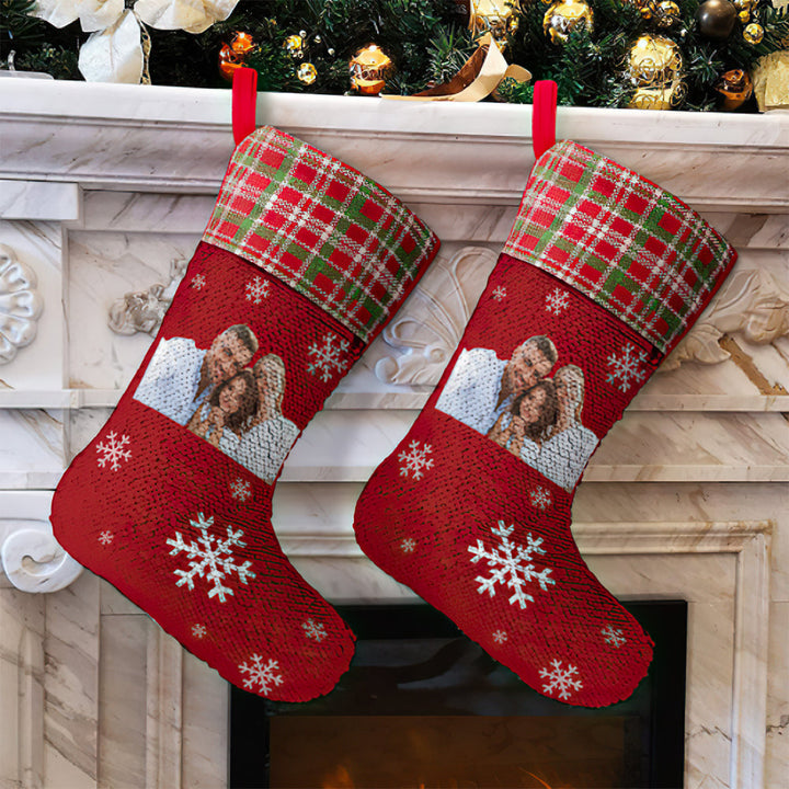 Custom Photo Sequin Christmas Stocking Personalized Red Christmas Decoration Sock