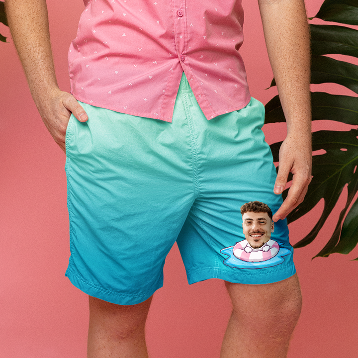 Custom Face Beach Shorts Personalized Swim Ring Green to Blue Gradient Swim Trunks