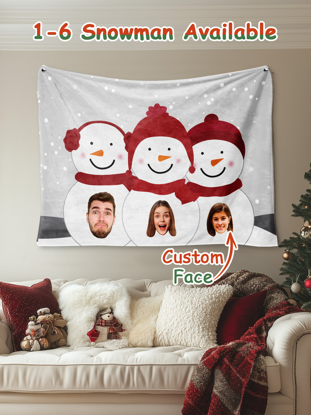 Custom Photo Tapestry – Personalized Faces Snowman Wall Hanging Blanket for Home Decor Christmas Gift