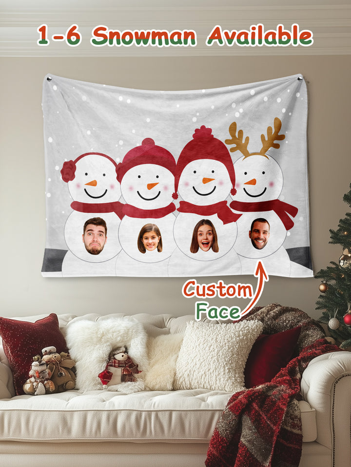 Custom Photo Tapestry – Personalized Faces Snowman Wall Hanging Blanket for Home Decor Christmas Gift