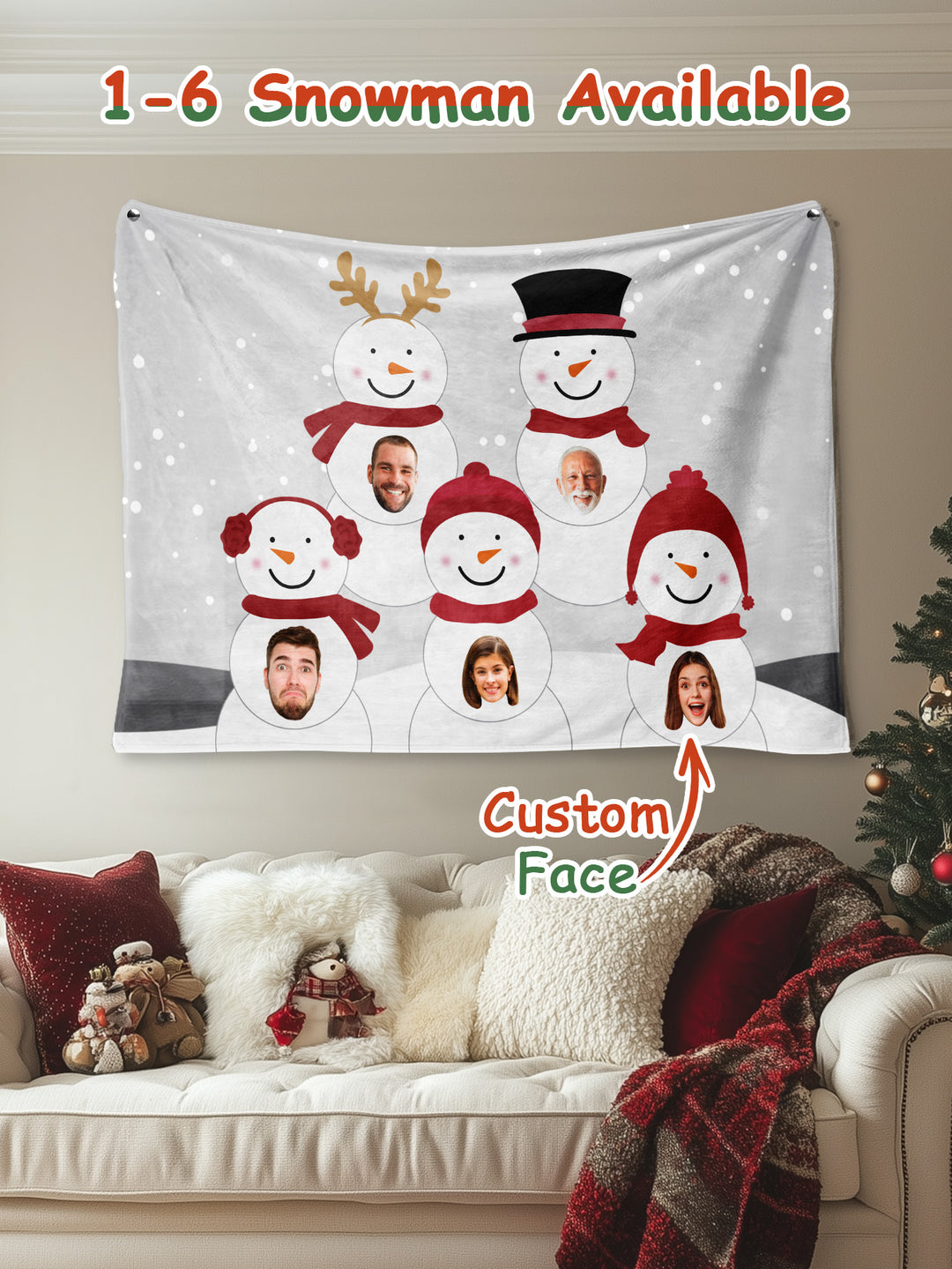 Custom Photo Tapestry – Personalized Faces Snowman Wall Hanging Blanket for Home Decor Christmas Gift