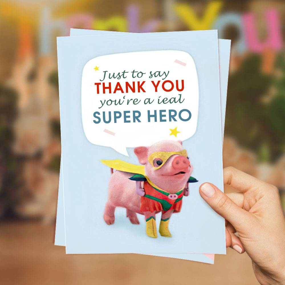 Funny Super Hero Pig Thank You Card Baby Shower Gifts