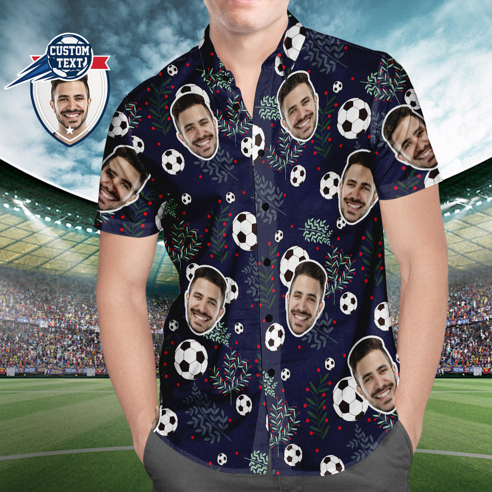Custom Face Soccer Pattern Hawaiian Shirt Green Plants Beach Shirt for Soccer Lovers
