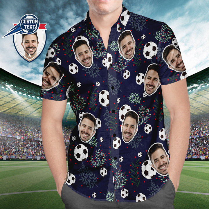 Custom Face Soccer Pattern Hawaiian Shirt Green Plants Beach Shirt for Soccer Lovers