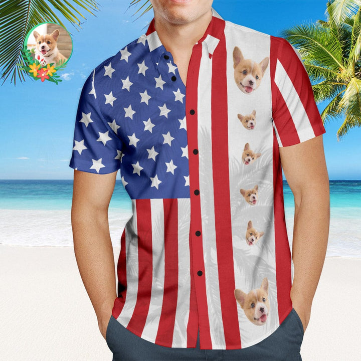 Custom Men's Patriotic Hawaiian Shirt With Pet Face USA Flag Personalized Fashion Hawaiian Shirt
