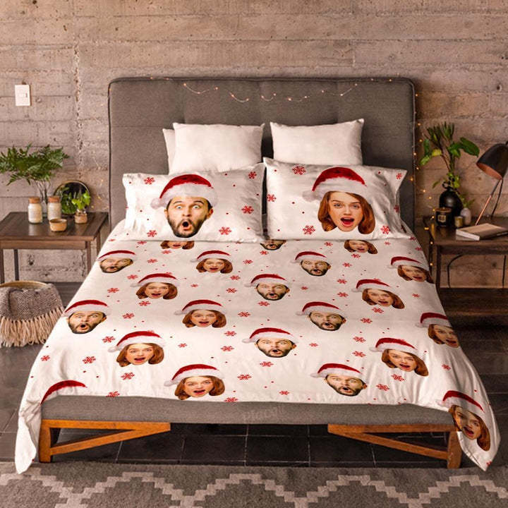 Personalized Photo Double Bedding Sheet And Duvet Cover Pillowslip Set Christmas Hat Gift For Couple