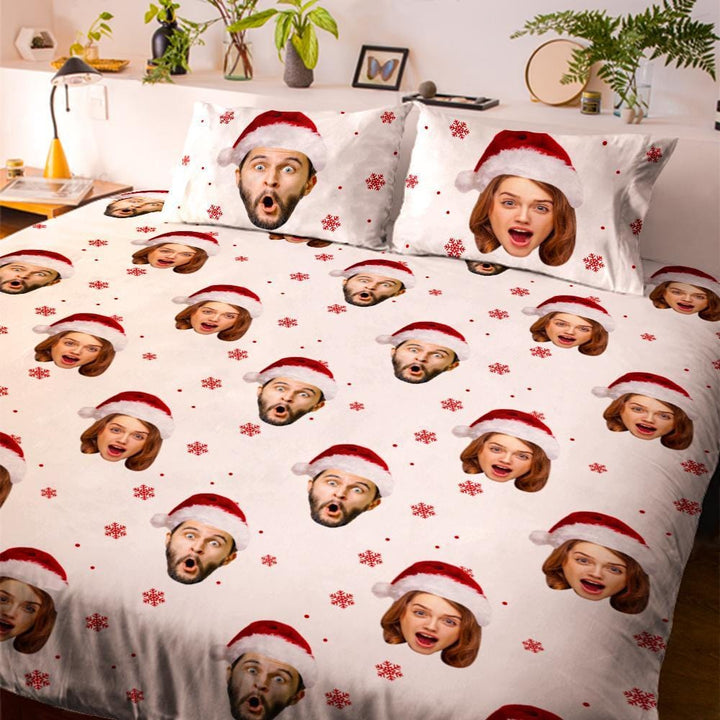 Personalized Photo Double Bedding Sheet And Duvet Cover Pillowslip Set Christmas Hat Gift For Couple