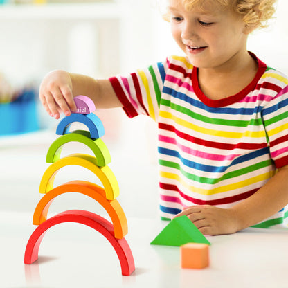 Custom Wooden Rainbow Stacker Nesting Puzzle Game Building Blocks Jigsaw Learning Toy Set Board Stacking Toy Gift for Kids