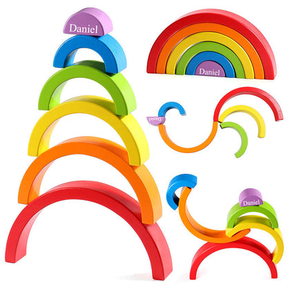 Custom Wooden Rainbow Stacker Nesting Puzzle Game Building Blocks Jigsaw Learning Toy Set Board Stacking Toy Gift for Kids