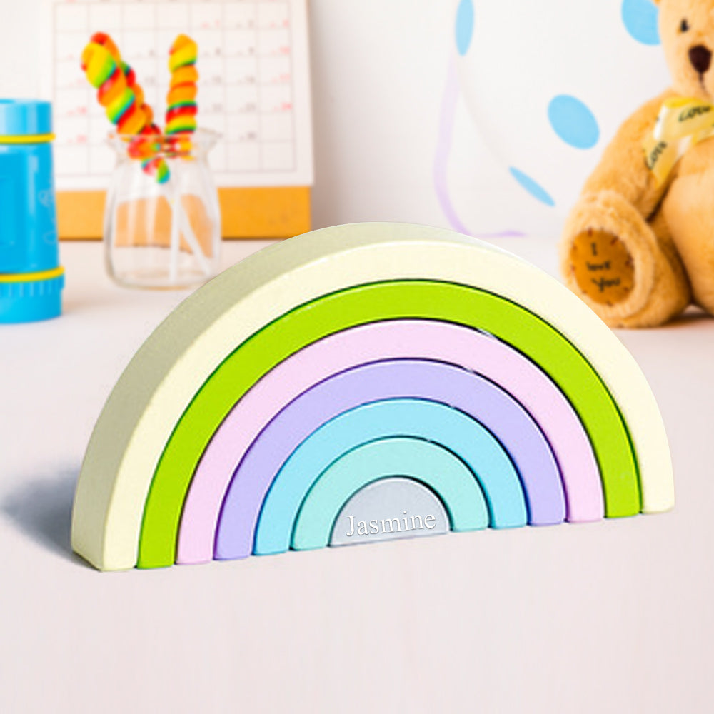 Custom Wooden Rainbow Stacker Nesting Puzzle Game Building Blocks Jigsaw Learning Toy Set Board Stacking Toy Gift for Kids