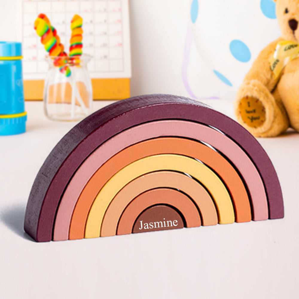 Custom Wooden Rainbow Stacker Nesting Puzzle Game Building Blocks Jigsaw Learning Toy Set Board Stacking Toy Gift for Kids