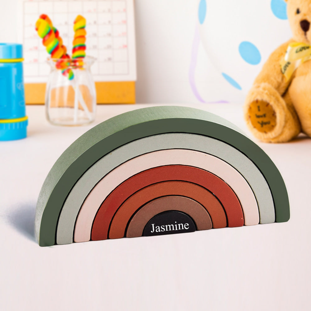 Custom Wooden Rainbow Stacker Nesting Puzzle Game Building Blocks Jigsaw Learning Toy Set Board Stacking Toy Gift for Kids