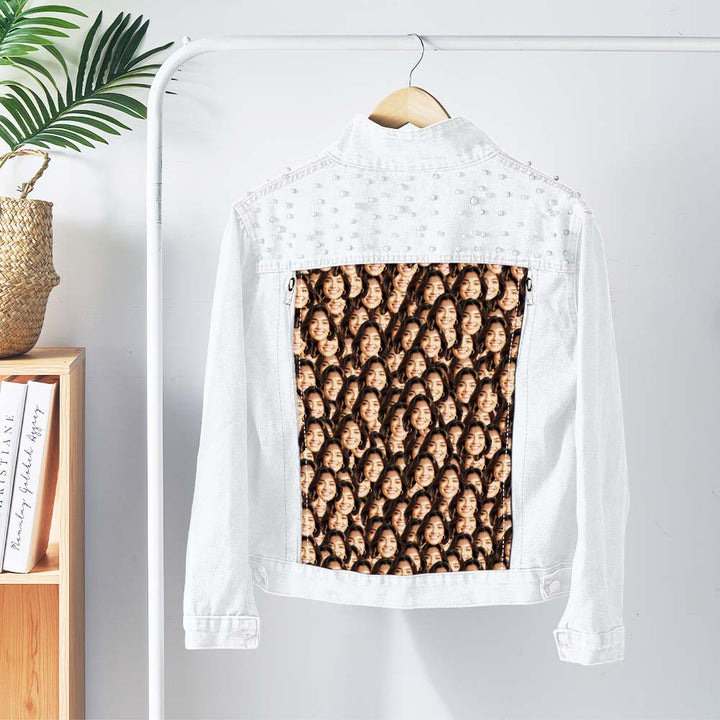 Personalized Funny Jean Jacket with Pearl Custom Face Denim Jacket Gift for Women