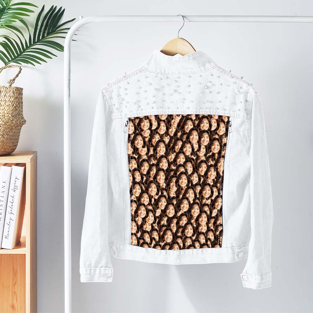 Personalized Funny Jean Jacket with Pearl Custom Face Denim Jacket Gift for Women