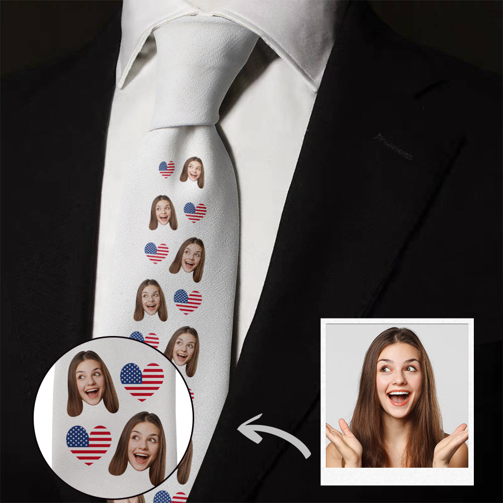 Custom Face Ties Personalized Neckties with Red Stripes Independence Day Gift 4th of July Gift