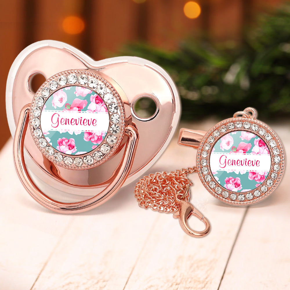 Custom Name Baby Pacifier & Clip Set with Flower – Personalized Newborn Gift