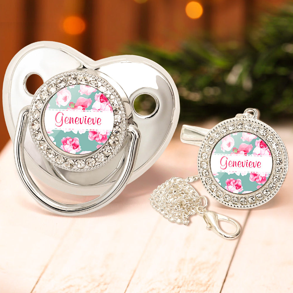 Custom Name Baby Pacifier & Clip Set with Flower – Personalized Newborn Gift