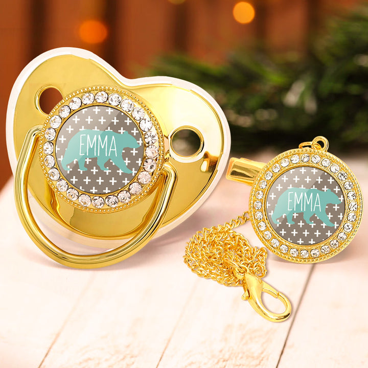 Custom Name Baby Pacifier & Clip Set with Polar Bear Pattern – Personalized Newborn Gift