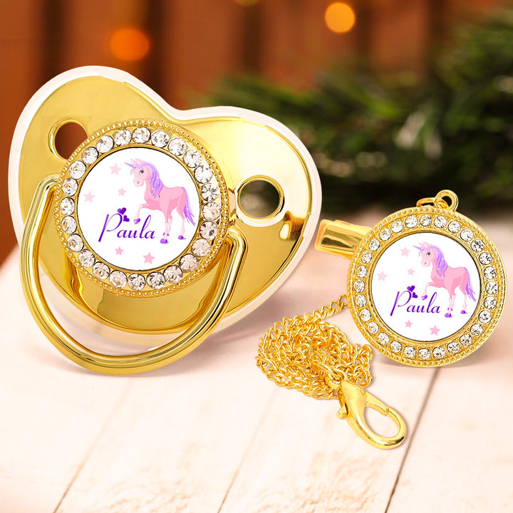 Custom Name Baby Pacifier & Clip Set with Dreamlike Unicorn Pattern – Personalized Newborn Gift