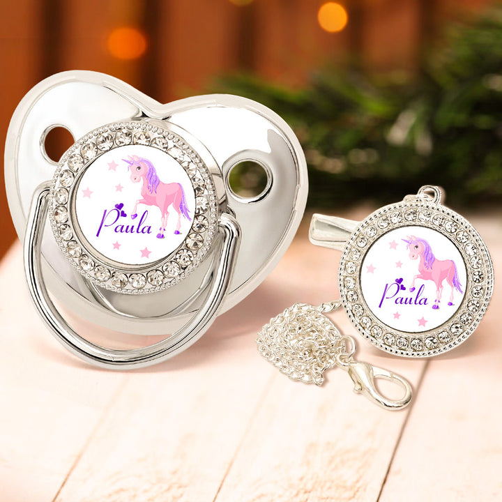 Custom Name Baby Pacifier & Clip Set with Dreamlike Unicorn Pattern – Personalized Newborn Gift
