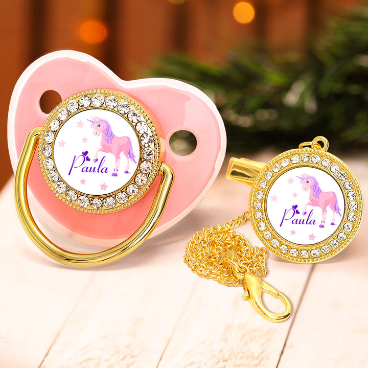 Custom Name Baby Pacifier & Clip Set with Dreamlike Unicorn Pattern – Personalized Newborn Gift