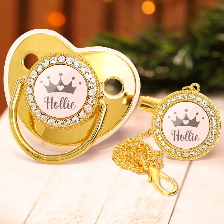 Custom Name Baby Pacifier & Clip Set with Crown – Personalized Newborn Gift