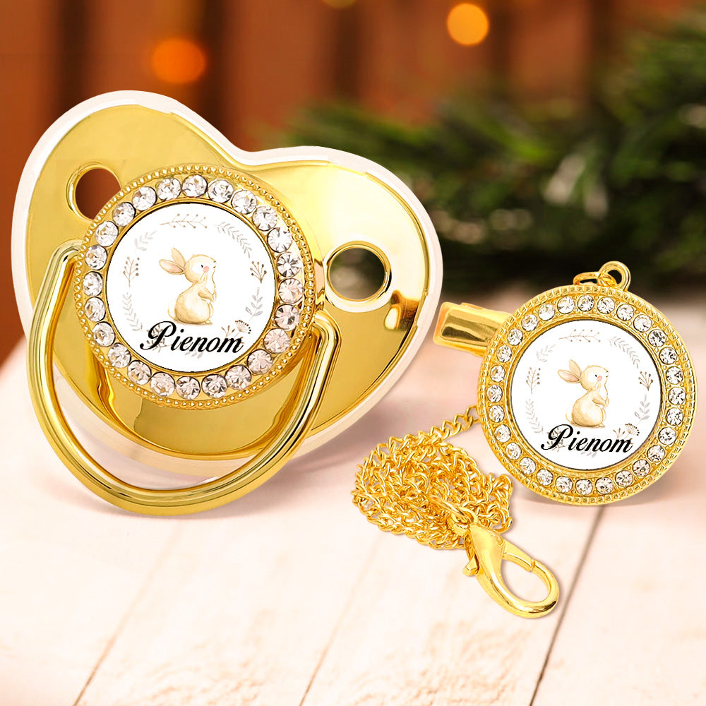 Custom Name Baby Pacifier & Clip Set with Bunny Pattern – Personalized Newborn Gift
