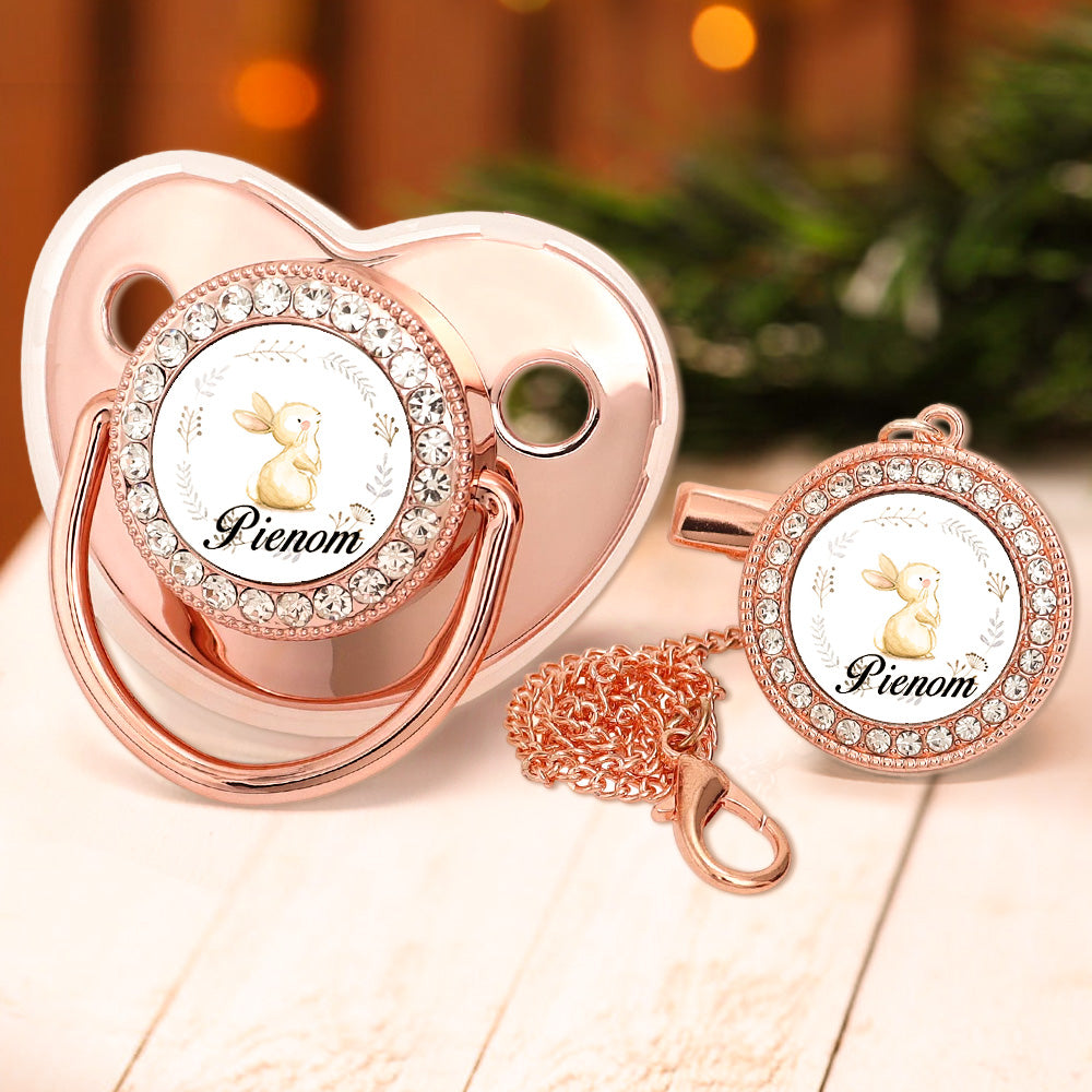 Custom Name Baby Pacifier & Clip Set with Bunny Pattern – Personalized Newborn Gift