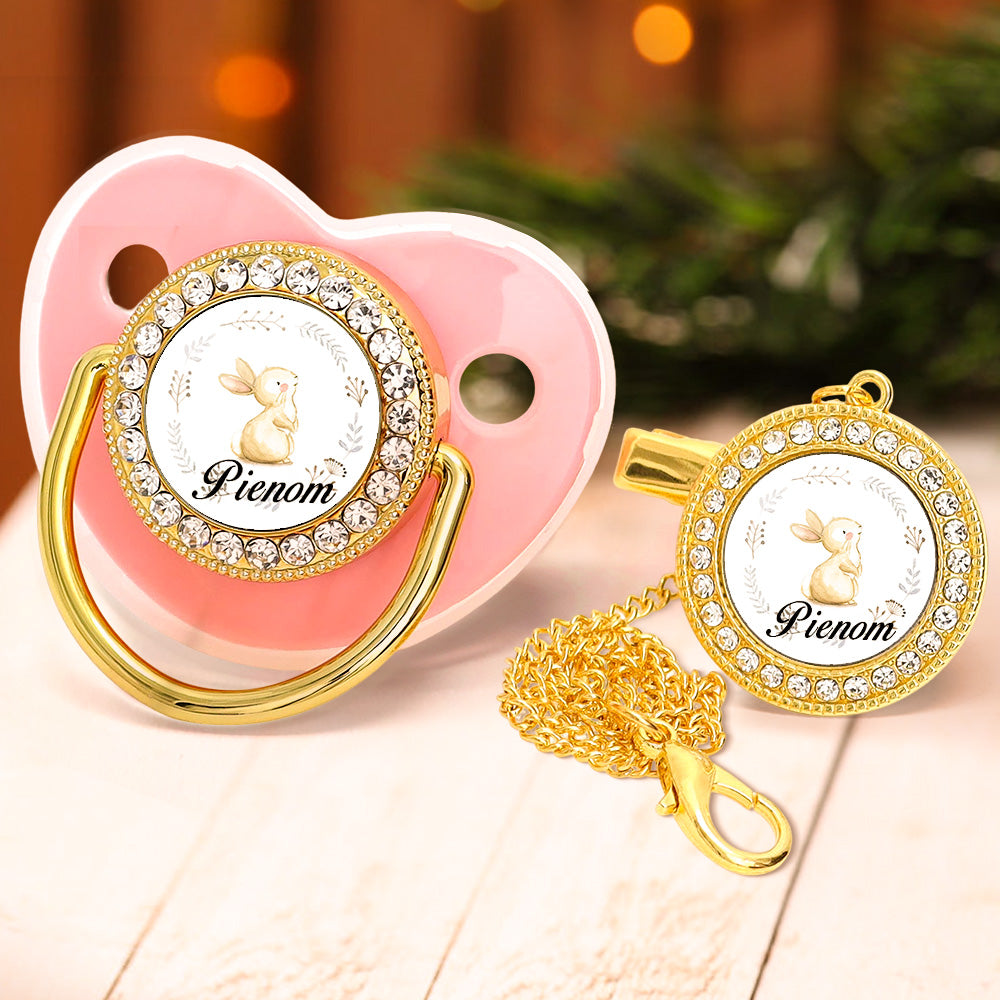 Custom Name Baby Pacifier & Clip Set with Bunny Pattern – Personalized Newborn Gift