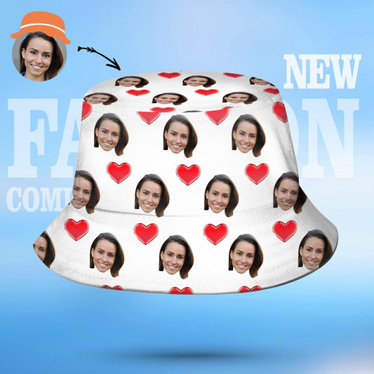 Custom Face Bucket Hat Personalized Heart Print Summer Unisex Fisherman Hat
