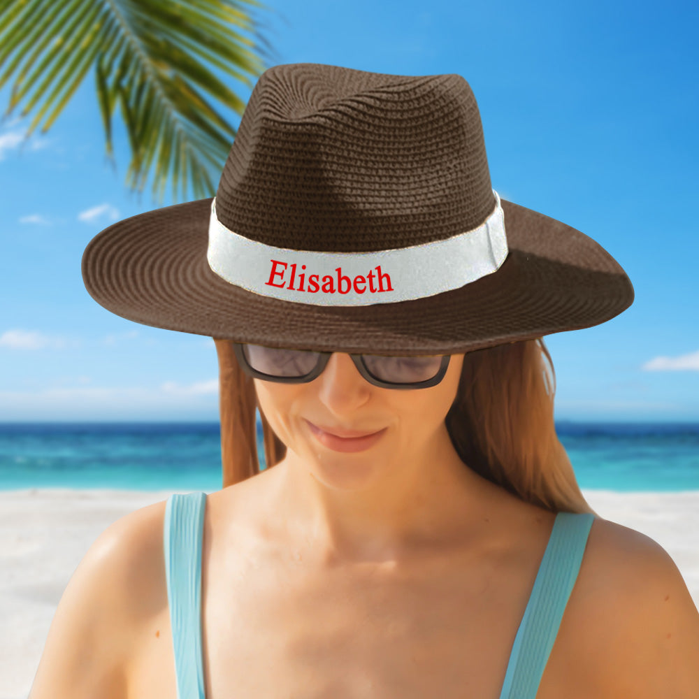 Personalized Straw Fedora Hat with White Band Custom Beach Hat Gift for Bridesmaid Friends Family Bachelorette Party