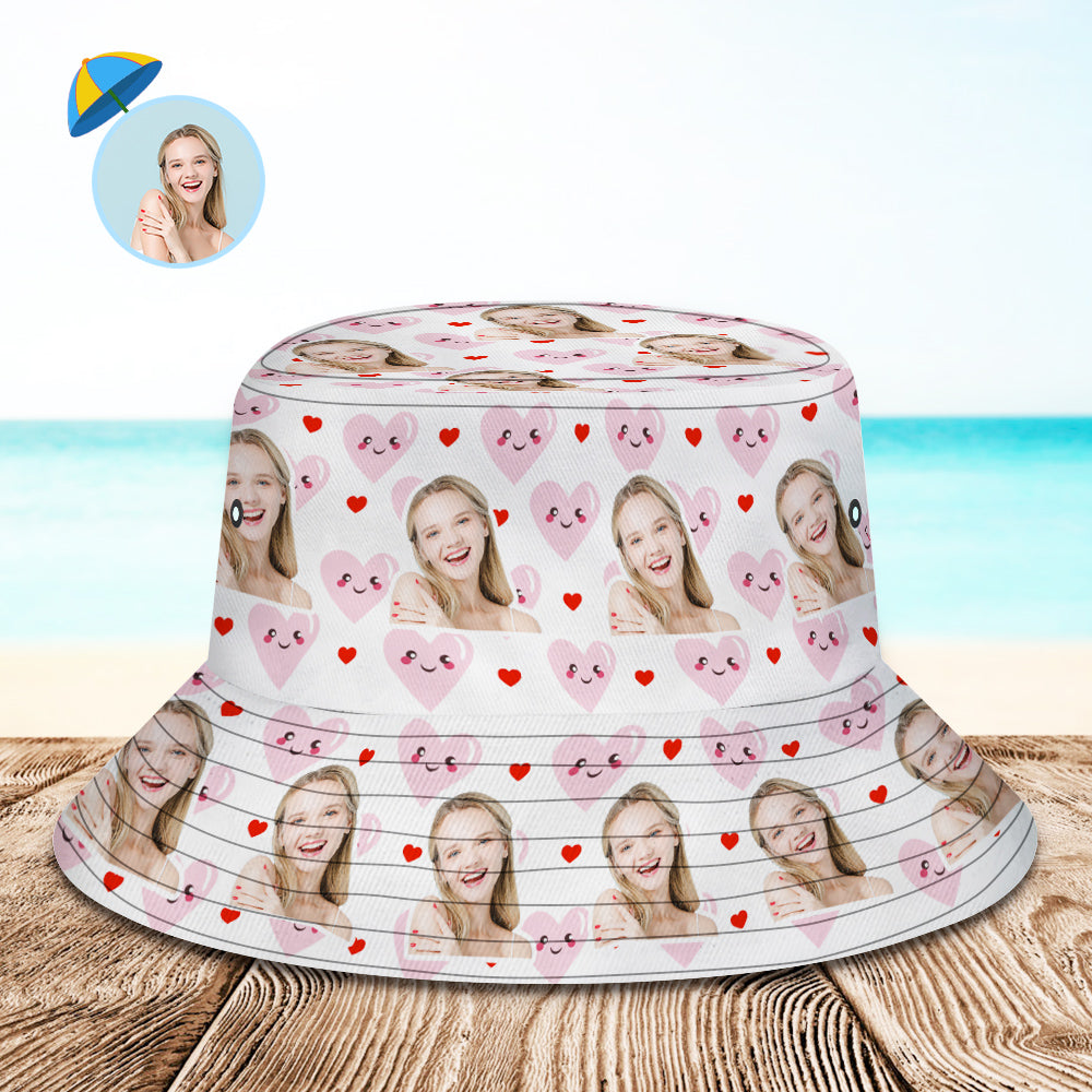 Custom Face Bucket Hat Unisex Fisherman Hat Pink Heart Summer Hat Creative Gift