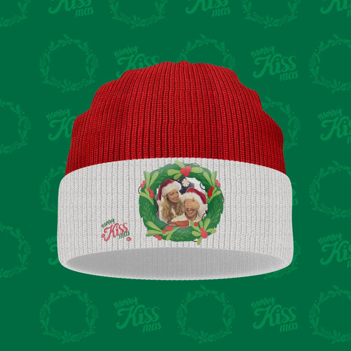 Custom Photo Christmas Beanie Hat Unisex Knitted Hat Winter Warm Hat for Christmas Gift Kissing Under the Mistletoe Hat